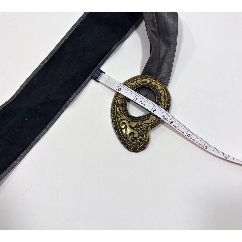 Vintage Paisley Gold Buckle Brown Leather Cinch Belt Adjustable - M/L - Picture 3 of 5